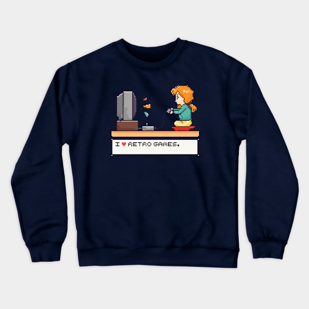 I Love Retro Games Pixel Art Illustration Crewneck Sweatshirt by MariOyama